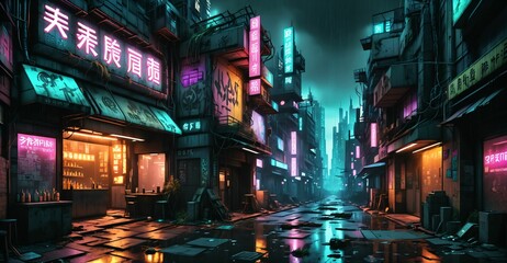 Obraz premium cyberpunk futuristic dystopian city street strip with shops, stores, and markets in urban downtown plaza. sci-fi civilization narrow market district.