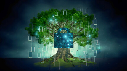 Binary Pad Lock Cyber Security Technology Background With Line and Dots Glowing Lights, Guardians of the Digital Realm: Encrypted Connections in a Binary Fortress for Cyber Lockdown with green tree