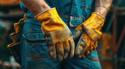 Obraz premium a Caucasian contractor donning construction safety gloves, preparing for work