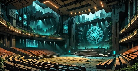 Obraz premium cyberpunk stadium theatre stage in futuristic auditorium amphitheater. sci-fi dystopian city. rows of seating and large display screen.