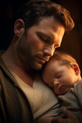 Newborn asleep on father's chest, soft focus room, warm light, close-up, peaceful home environment.