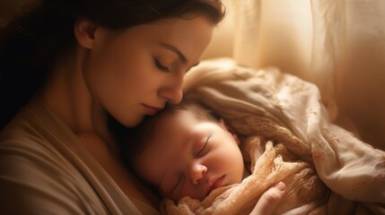 Newborn asleep on mother's chest, soft focus room, warm light, close-up, peaceful home environment.