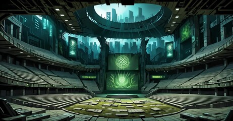 Obraz premium cyberpunk stadium theatre stage in futuristic auditorium amphitheater. sci-fi dystopian city. rows of seating and large display screen.