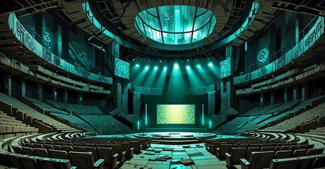Obraz premium cyberpunk stadium theatre stage in futuristic auditorium amphitheater. sci-fi dystopian city. rows of seating and large display screen.