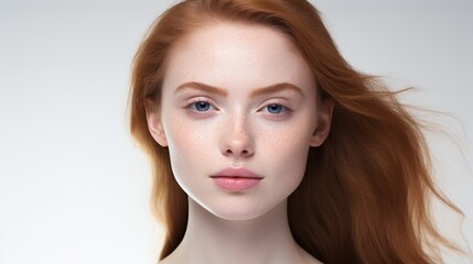 Naklejka premium Young woman with healthy skin, smooth lighting, front angle, minimalist white background.