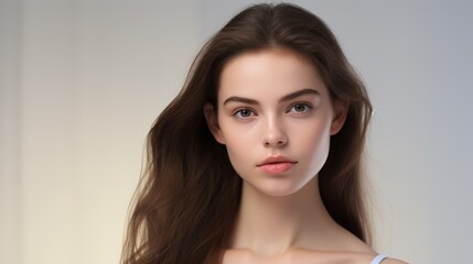 Fototapeta premium Young woman with healthy skin, smooth lighting, front angle, minimalist white background.