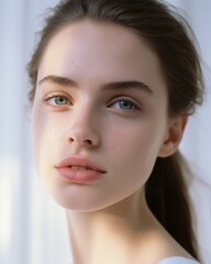 Naklejka premium Youthful face with clear skin, gentle lighting, close-up, bright white backdrop.