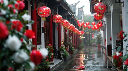 Homes and buildings adorned with vibrant red and white decorations, creating a festive atmosphere and displaying a united front for National Day 