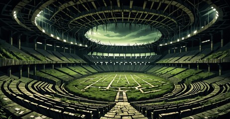 Obraz premium stage in abandoned stadium auditorium building. amphitheater interior in dystopian horror overgrown post apocalyptic ruins.