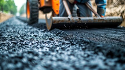  road construction worker paving new asphalt 