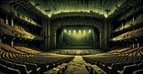Obraz premium auditorium theatre stage in abandoned building. amphitheater interior in dystopian horror overgrown post apocalyptic ruins.