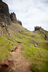 Isle of Skye green hills landscape and hiking trail, Scotland, UK