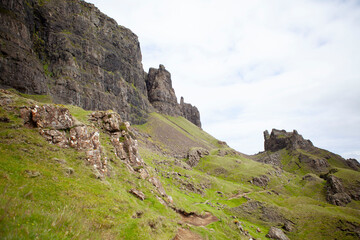 Isle of Skye green hills landscape and hiking trail, Scotland, UK