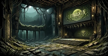 theatre stage in abandoned auditorium building. amphitheater interior in dystopian horror overgrown post apocalyptic ruins.