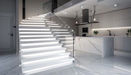Sleek white L-shape floating stairs with LED lights, glass handrails in a minimalistic kitchen with marble flooring, interior design decoration