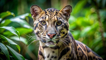  Majestic adult clouded leopard neofelis nebulosa in its natural habitat, showcasing its striking coat with dark cloud-like markings, ears perked up, eyes alert. © DigitalArt Max