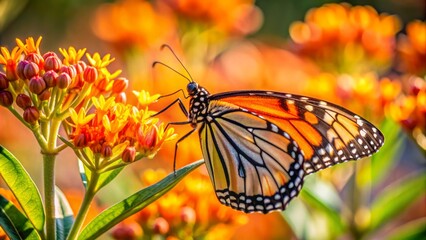 Obraz premium A vibrant monarch butterfly sips sweet nectar from delicate native milkweed flowers, its intricate orange and black wings glistening in warm sunlight.