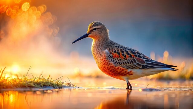 Vibrant red knot bird standing alone on a deserted, misty coastal wetland at sunrise, highlighting the urgent need to protect endangered species and preserve biodiversity.