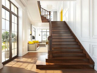 Obraz premium Spacious new apartment living room with brown wooden stairs, white walls, yellow accents, minimalistic design, large windows, open layout, bright atmosphere.