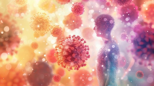 A person surrounded by colorful immune system cells, representing the potential for sun exposure to enhance the immune system's function.