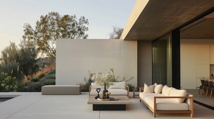 A large white house with a patio area that features a white couch