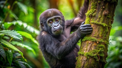 Adorable young gorilla child grasping a thick tree trunk with tiny hands and feet, slowly making its way up amidst lush green jungle foliage.