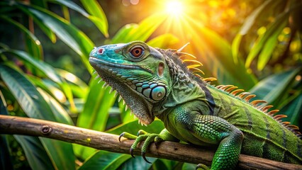 Fototapeta premium Vibrant green caribbean iguana, an endangered species, perches on a branch in a lush tropical forest, surrounded by exotic foliage, with warm sunlight filtering through.
