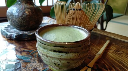 cup of matcha tea, matcha whisk