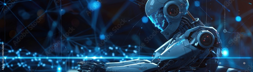 Poster cybernetica robot is holding a cell phone and is wearing a red visor. the robot is surrounded by red