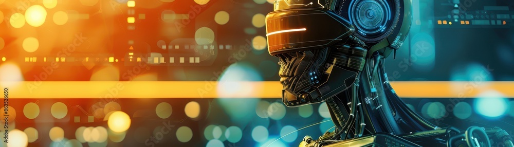 Poster cybernetica robot is holding a cell phone and is wearing a red visor. the robot is surrounded by red
