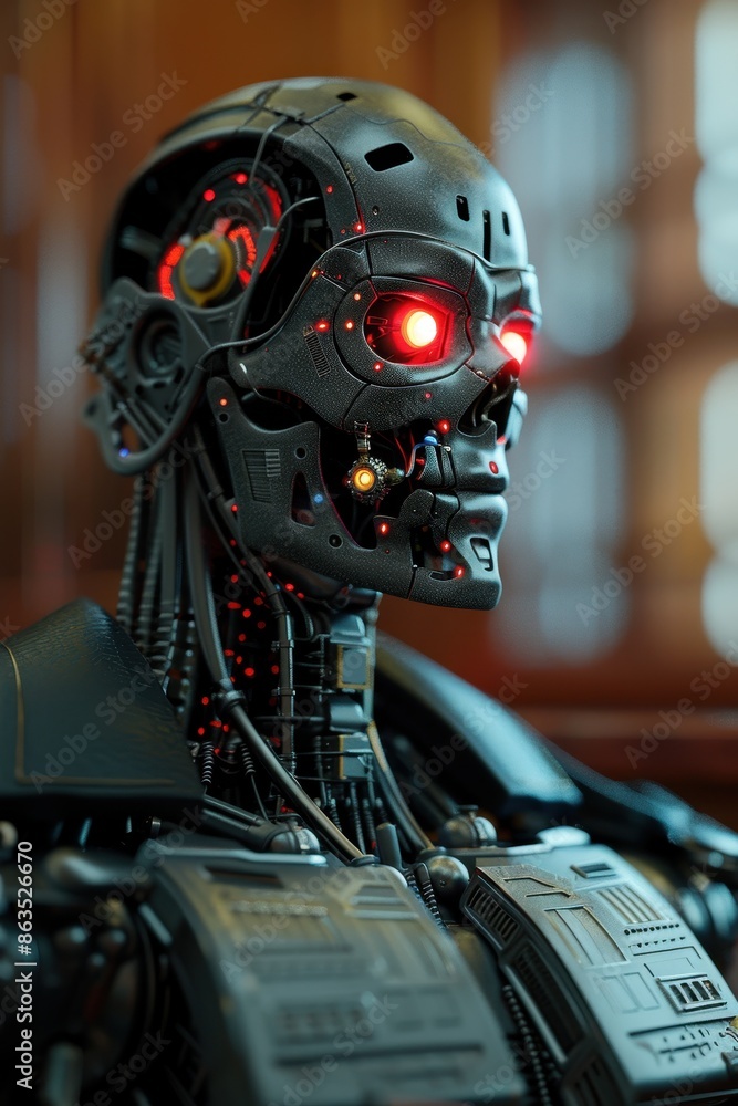 Poster cybernetica robot is holding a cell phone and is wearing a red visor. the robot is surrounded by red