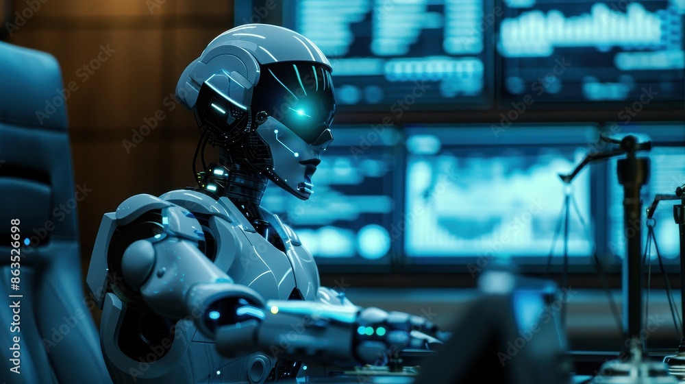 Poster cybernetica robot is holding a cell phone and is wearing a red visor. the robot is surrounded by red