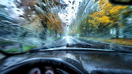 View from the driver's seat, inside a car, with the windshield wiper in motion, front mirror and windshield clearly visible