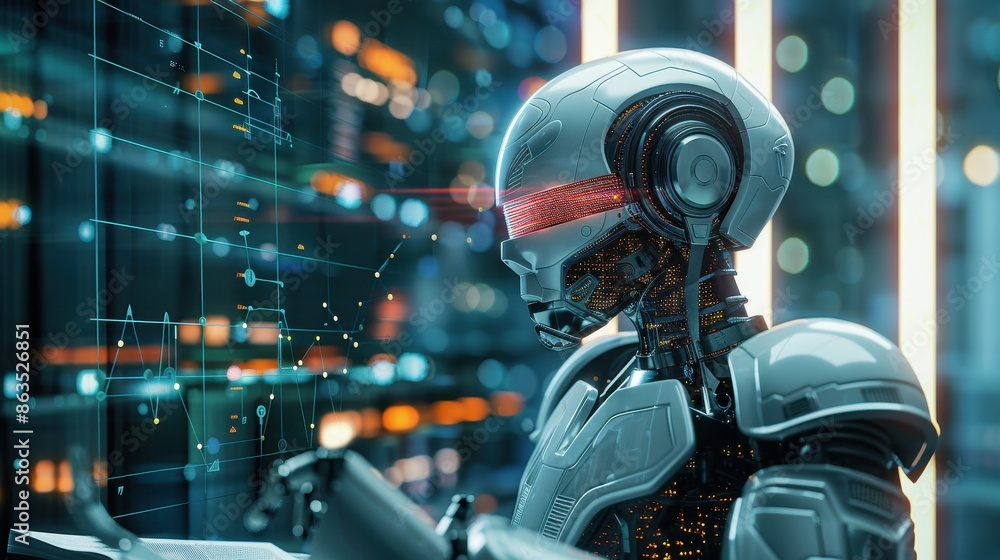 Poster cybernetica robot is holding a cell phone and is wearing a red visor. the robot is surrounded by red