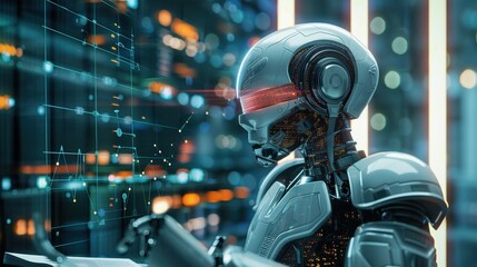 Fototapeta premium CyberneticA robot is holding a cell phone and is wearing a red visor. The robot is surrounded by red and blue lights, giving the image a futuristic and technological feel