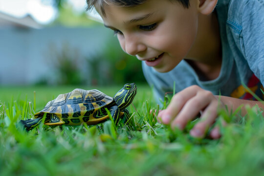 Curious boy and turtle exploring grass in backyard on sunny day