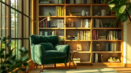 Stylish green velvet armchair in a cozy reading nook with wooden bookshelves and natural light.