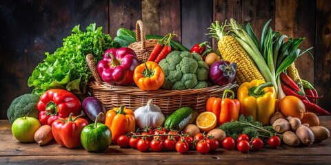 Still life composition with a variety of vibrant vegetables and fruits , organic, market, produce, healthy, fresh, colorful