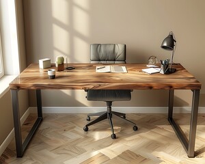 Stylish home office with a walnut wood desk, functional concept with ergonomic chair and minimalist accessories, perfect for remote work,