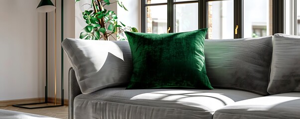 Stylish green velvet cushion on a gray sofa in a minimalist living room with large windows and natural light.
