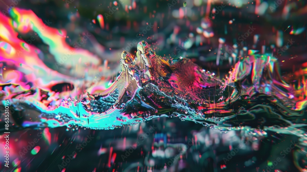 Poster The image is an abstract painting with a lot of bright colors and a shiny surface. The painting looks like a close-up of a liquid with a lot of bubbles. The bubbles are reflecting the light and