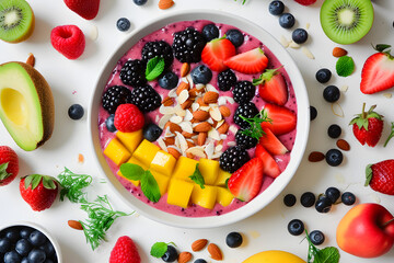 From a Top View, a Bowl or Plate Filled With a Blend of Healthy Fresh Tropical Fruit Salad, Mixed Berries, and Nuts Serves as a Perfect Snack for a Diet and Fitness Concept