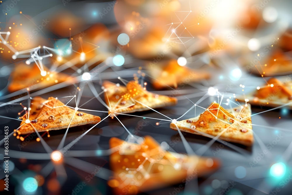 Poster pita chips arranged in a circuit pattern with jumper cables