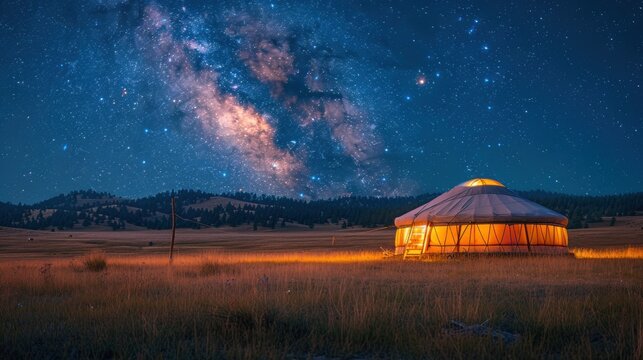 A ger camp springs to life amidst the wilderness, its flickering campfires and hearty laughter offering warmth and hospitality to weary travelers under the starlit sky.