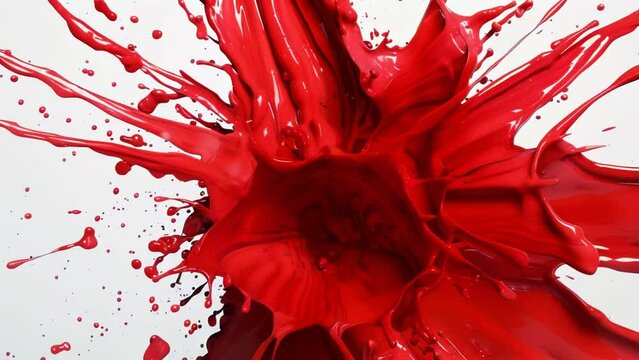 Vibrant red paint explodes across a white surface, creating a dynamic burst of color. Intense crimson hues radiate from a central point.
