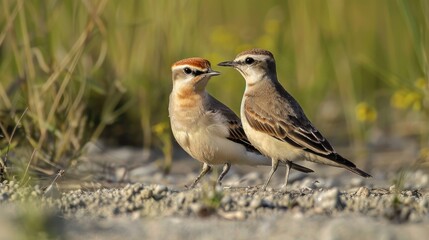 Fototapeta premium Two small birds called pratincoles appear to be flirting while standing on the ground