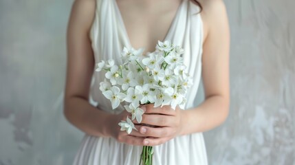 A woman in a flowing white dress holds a simple bouquet of jasmine flowers, representing purity and innocence on her wedding day