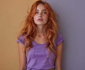 "Sensual Young Woman in Purple Dress against Yellow Wall"
"Sexy Female Model in Purple Attire with Long Hair, Yellow Background"
"Fashionable Woman in Purple Dress Posing against Yellow Wall"
