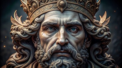 A close-up shot of a majestic king's face sculpted in stone, with intricate details and textures, set against a dark gradient background.