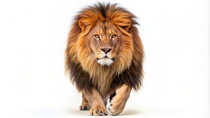 Majestic lion with a piercing gaze, walking sideways, focuses directly at the camera, its tawny fur and regal demeanor on full display against a white background.